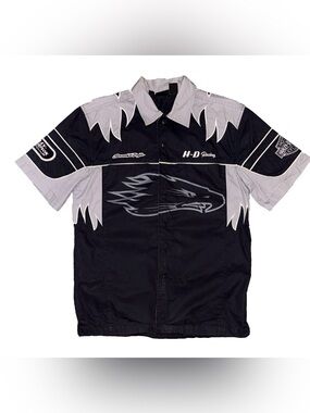 Harley Davidson Racing Screaming Eagle Flames Mechanic Shirt Button Down Y2K Sm.